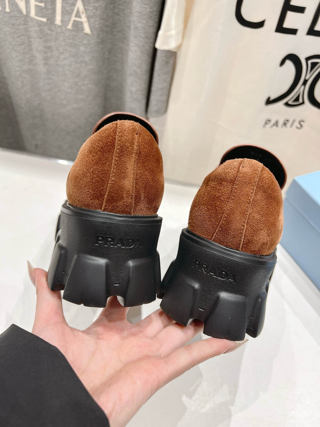 PRADA MONOLITH LOAFERS IN RED BROWN SUEDE