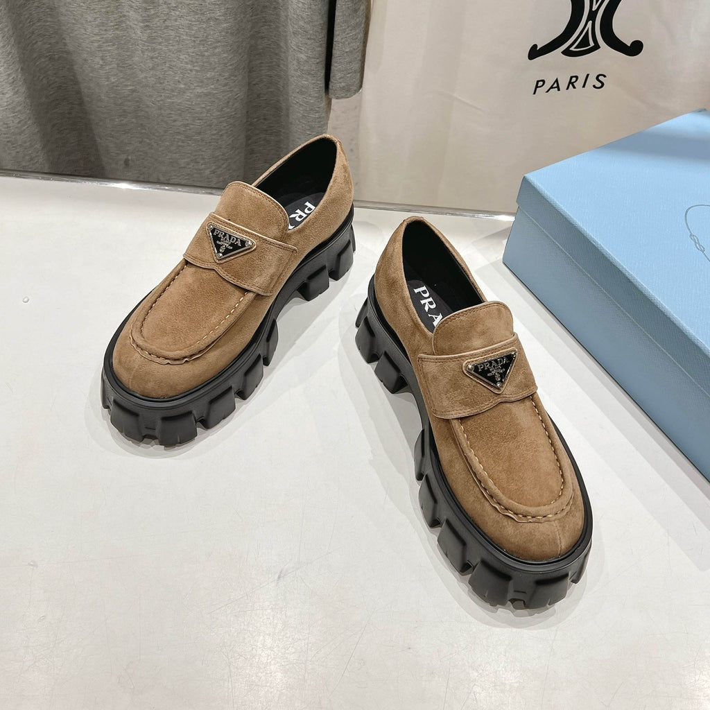 PRADA MONOLITH LOAFERS IN CAMEL BEIGE SUEDE