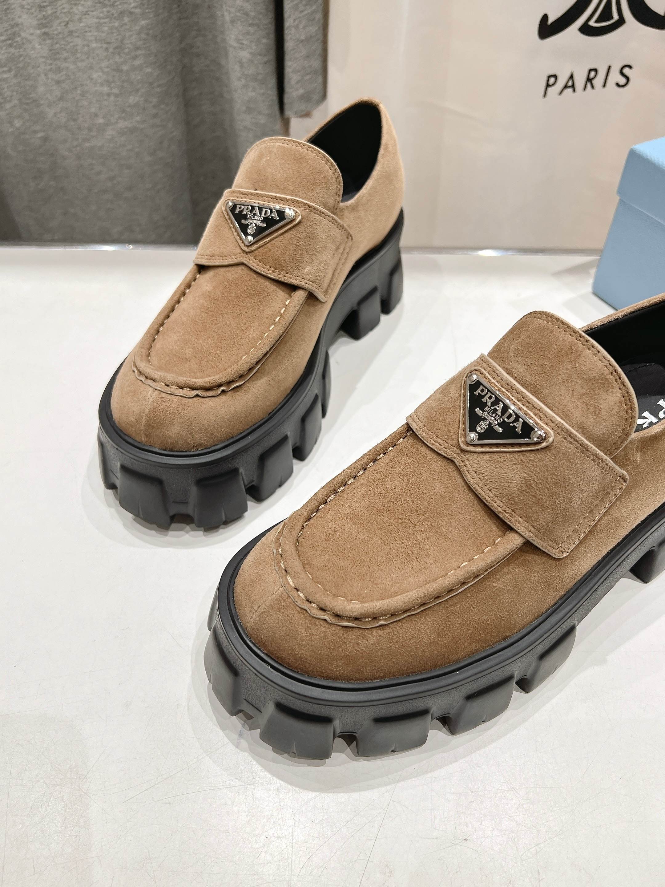 PRADA MONOLITH LOAFERS IN CAMEL BEIGE SUEDE