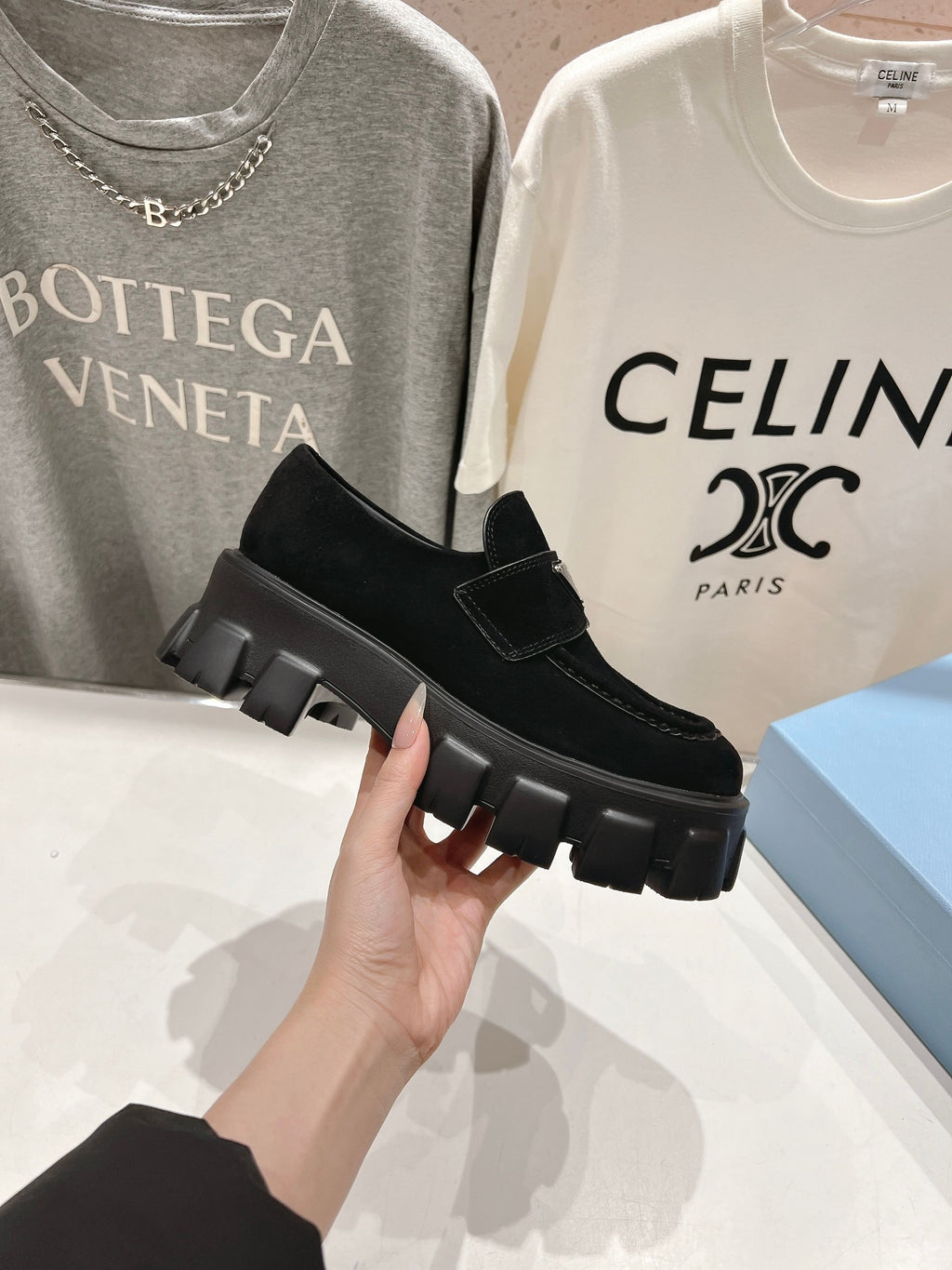 PRADA MONOLITH LOAFERS IN BLACK SUEDE