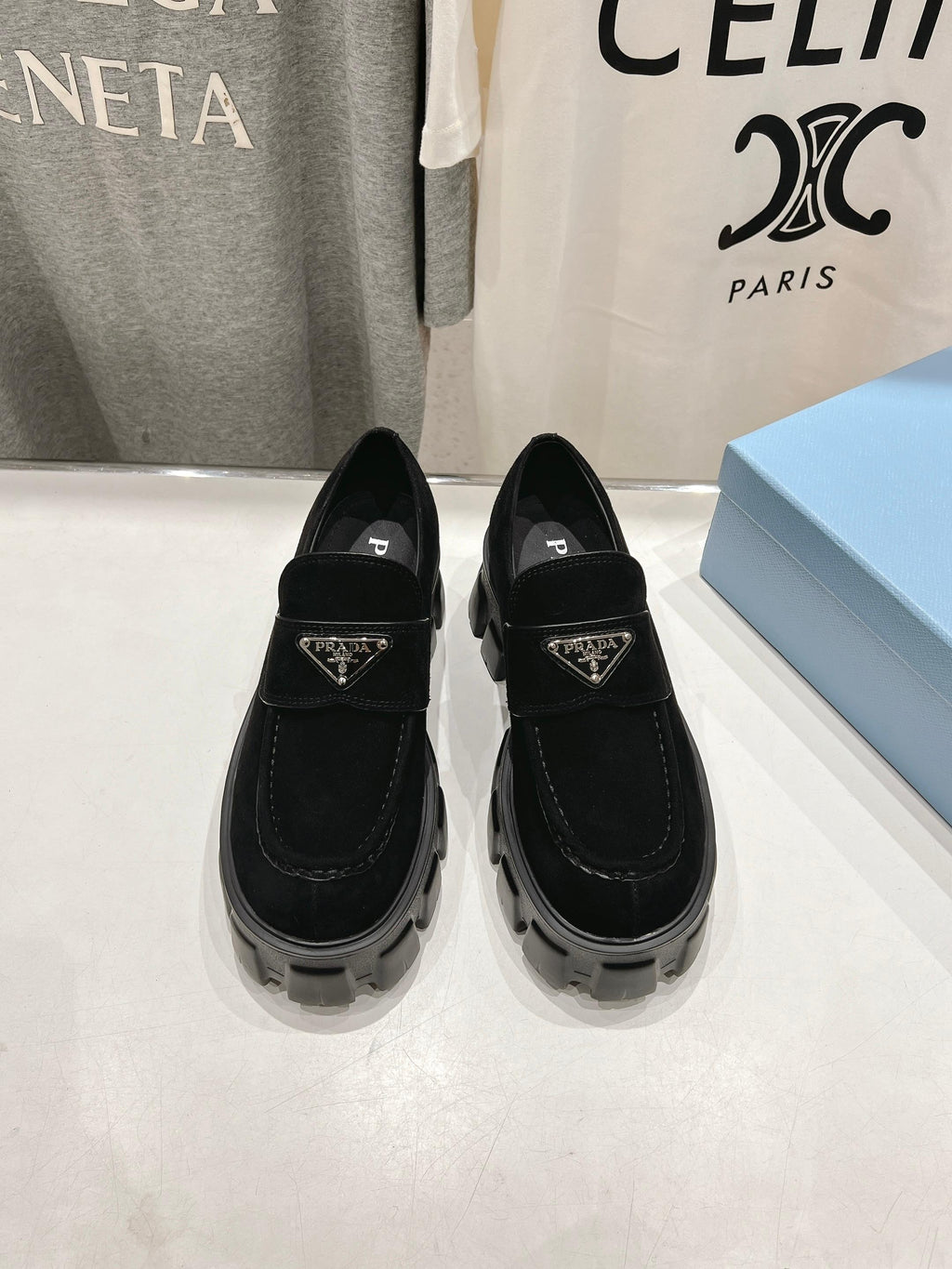 PRADA MONOLITH LOAFERS IN BLACK SUEDE