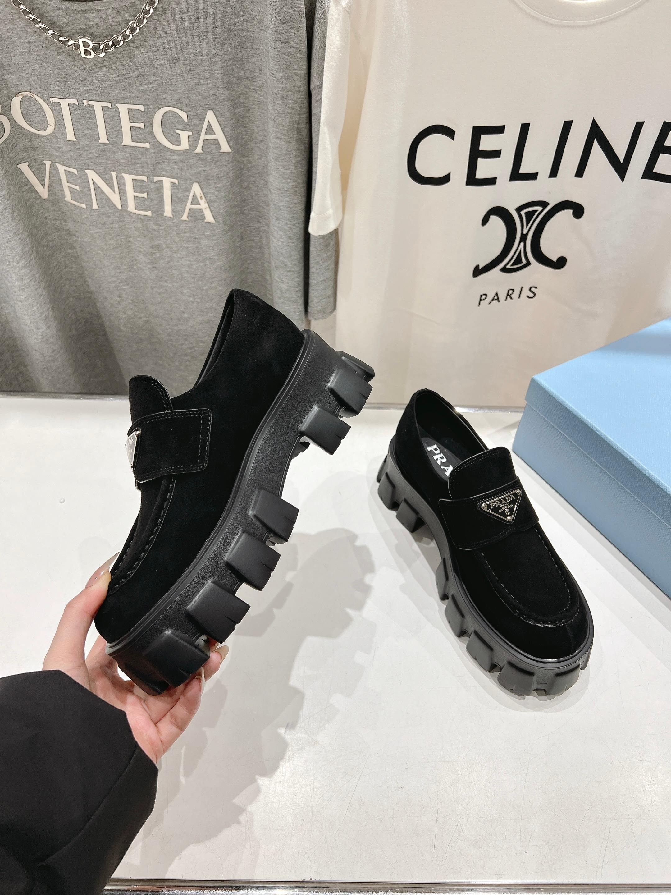 PRADA MONOLITH LOAFERS IN BLACK SUEDE