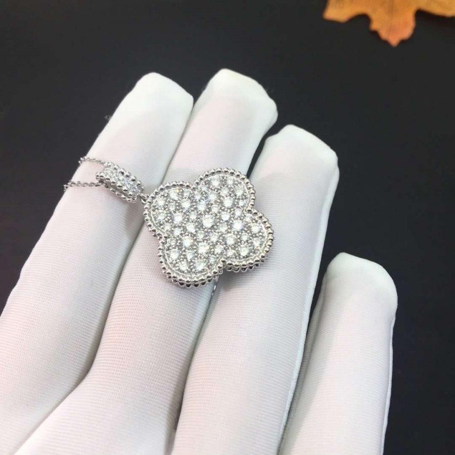 Van Cleef & Arpels CLOVER SILVER FULL DIAMOND BIG CLOVER NECKLACE