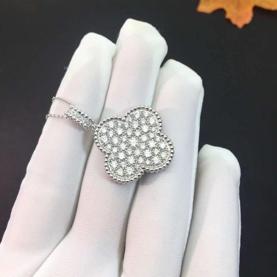 Van Cleef & Arpels CLOVER SILVER FULL DIAMOND BIG CLOVER NECKLACE