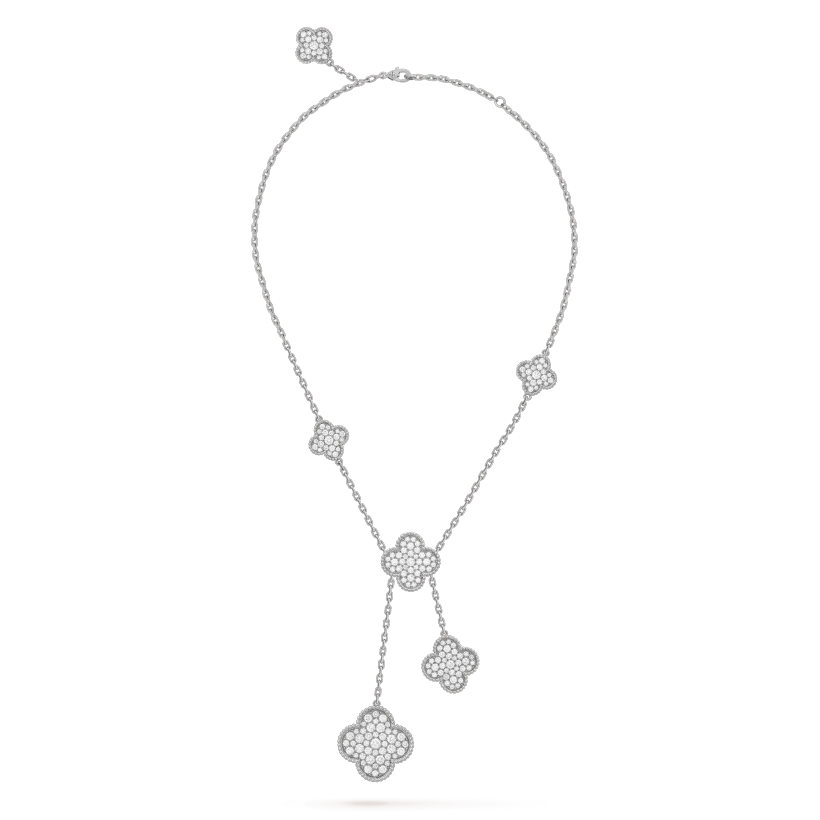 Van Cleef & Arpels CLOVER 5 MOTIFS SILVER DIAMONDS NECKLACE