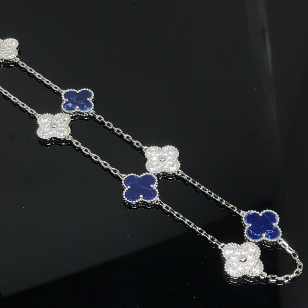 Van Cleef & Arpels CLOVER 10 MOTIF SILVER PIETERSITE MOP DIAMOND NECKLACE