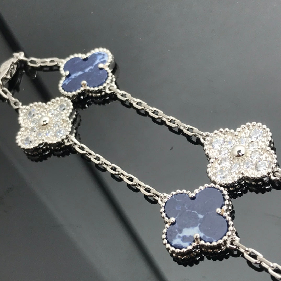Van Cleef & Arpels CLOVER 10 MOTIF SILVER PIETERSITE MOP DIAMOND NECKLACE