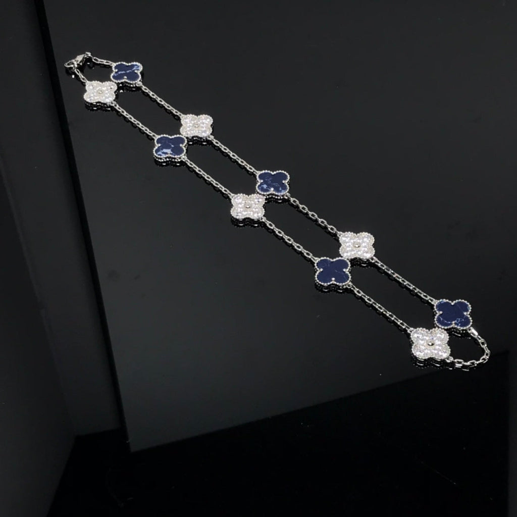 Van Cleef & Arpels CLOVER 10 MOTIF SILVER PIETERSITE MOP DIAMOND NECKLACE
