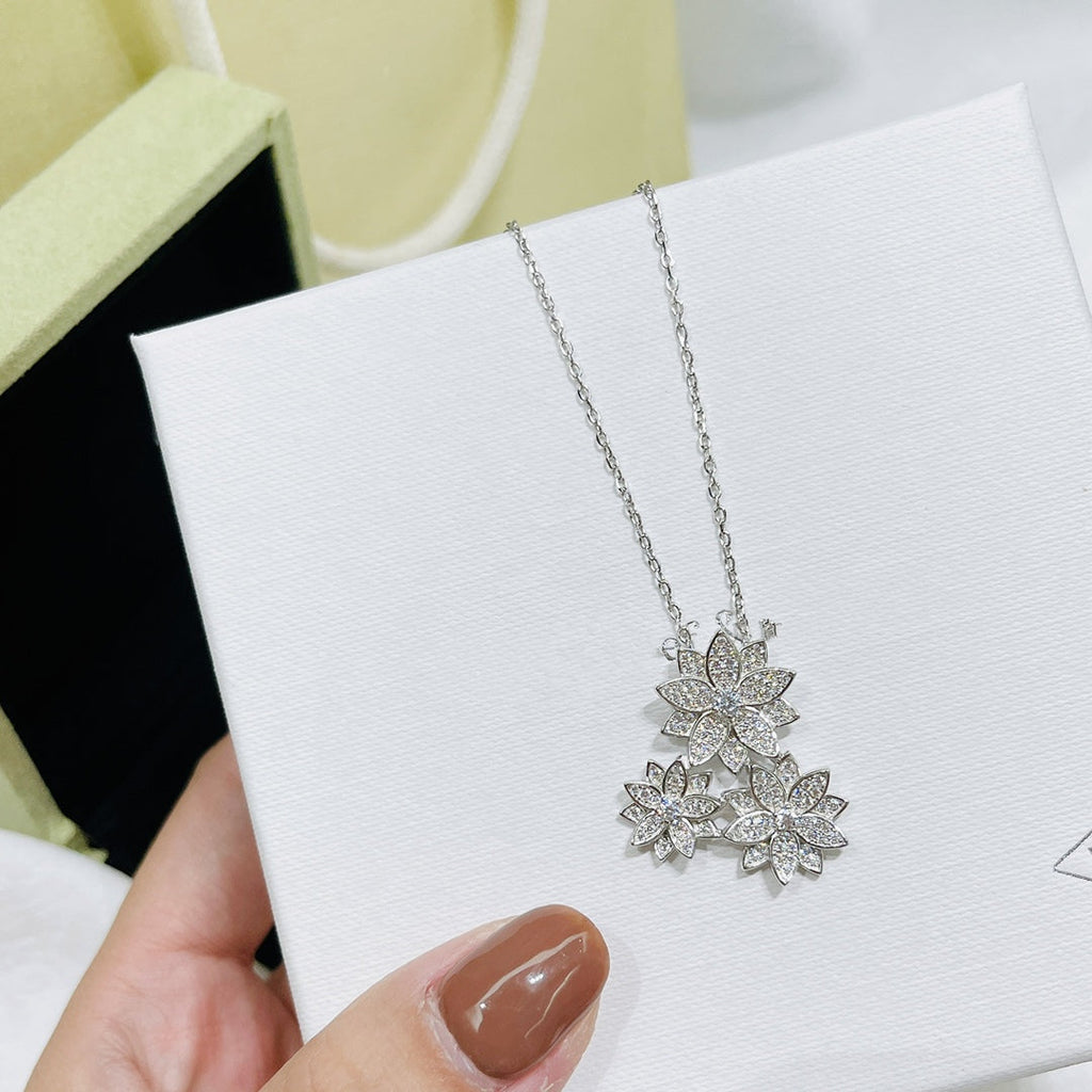 Van Cleef & Arpels LOTUS THREE FLOWERS SILVER DIAMOND NECKLACE