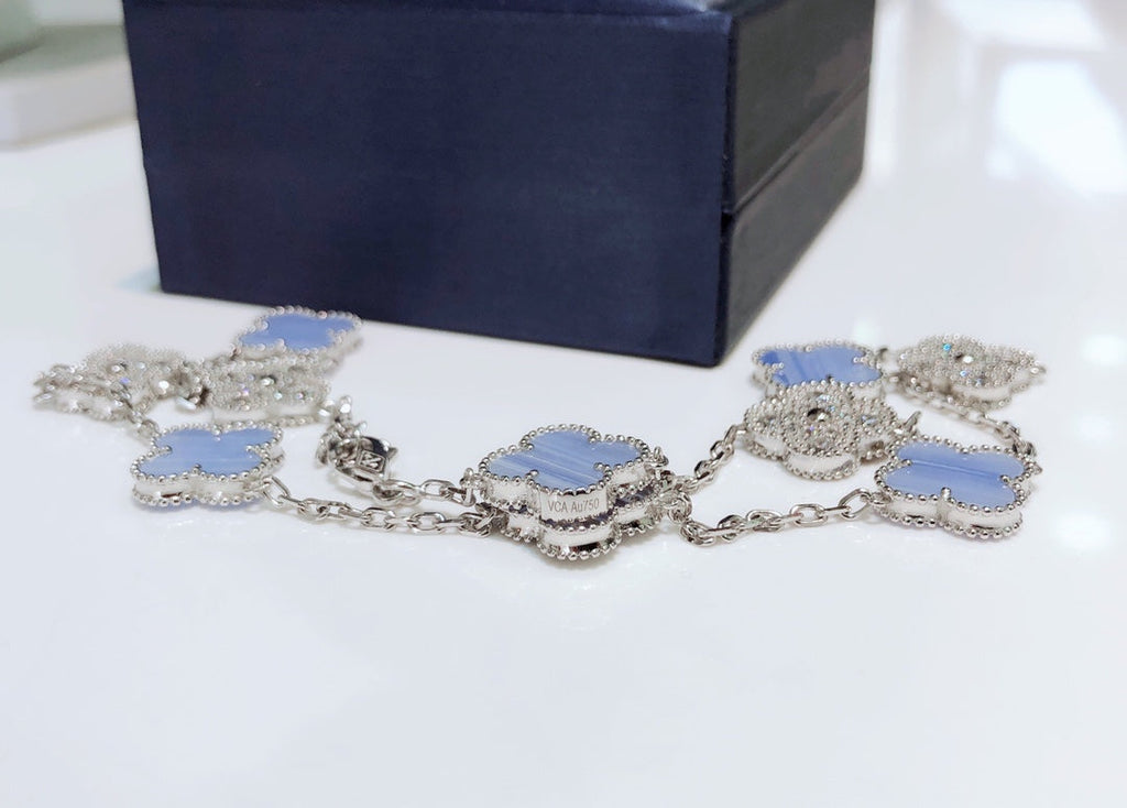 Van Cleef & Arpels CLOVER 10 MOTIFS CHALCEDONY DIAMONDS SILVER NECKLACE