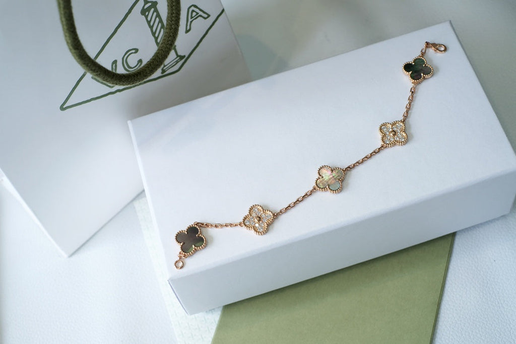 Van Cleef & Arpels CLOVER 5 MOTIFS DARK MOP AND DIAMONDS PINK GOLD BRACELET