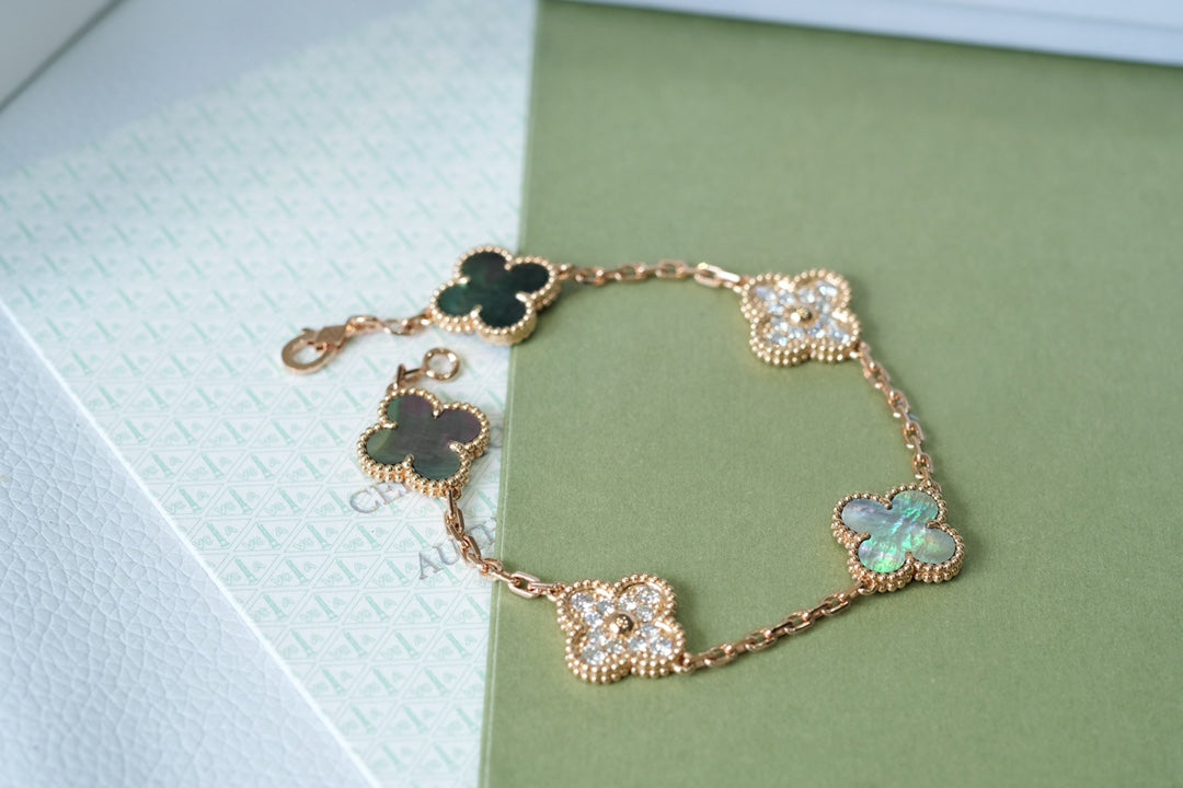 Van Cleef & Arpels CLOVER 5 MOTIFS DARK MOP AND DIAMONDS PINK GOLD BRACELET