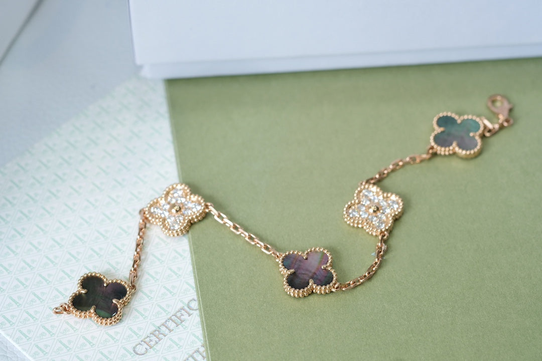 Van Cleef & Arpels CLOVER 5 MOTIFS DARK MOP AND DIAMONDS PINK GOLD BRACELET