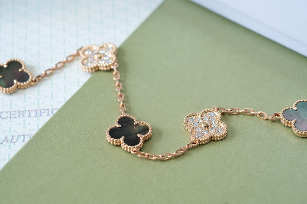 Van Cleef & Arpels CLOVER 5 MOTIFS DARK MOP AND DIAMONDS PINK GOLD BRACELET